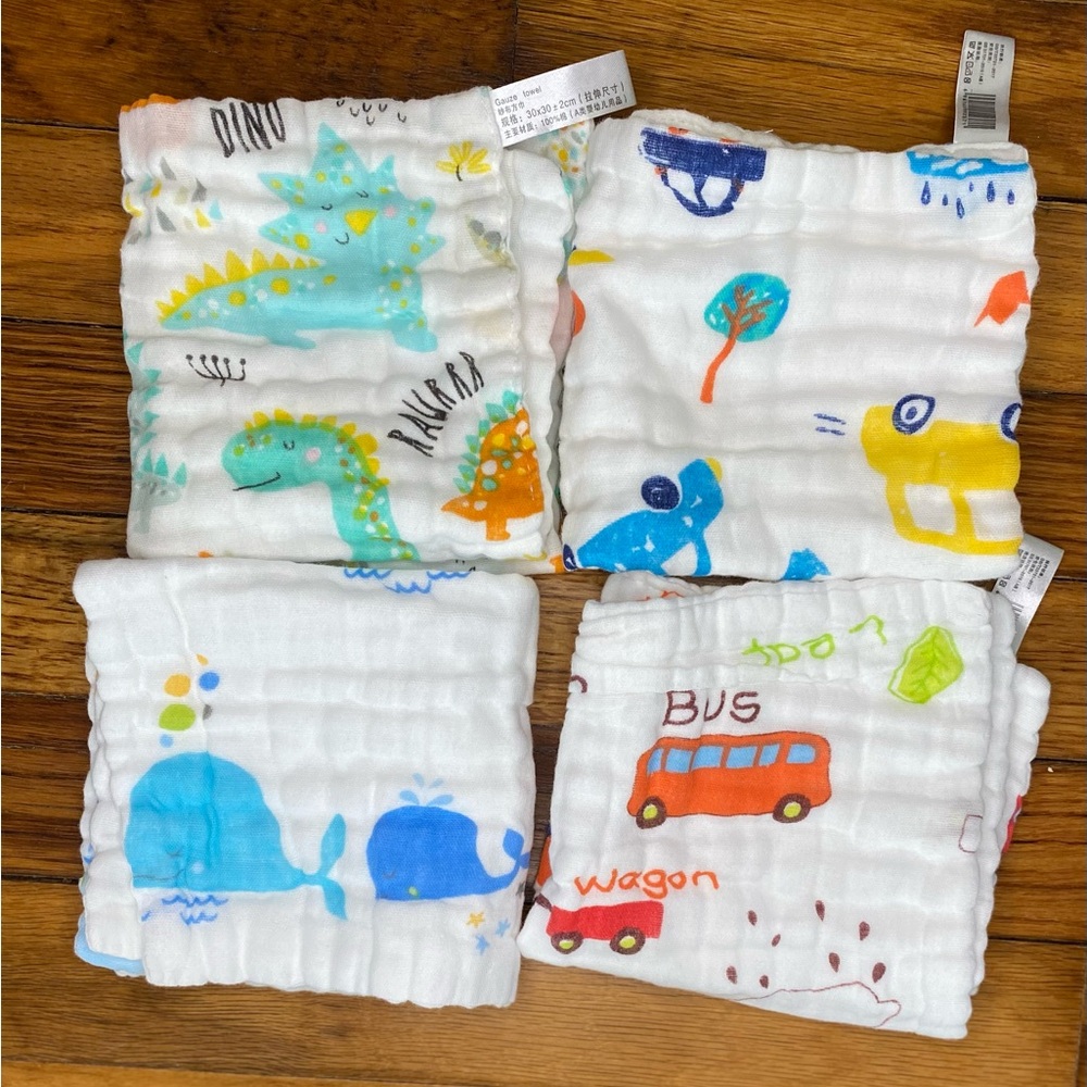 Colorful Dinosaur and Vehicle Print Baby Burp Cloths NEW pack of 8